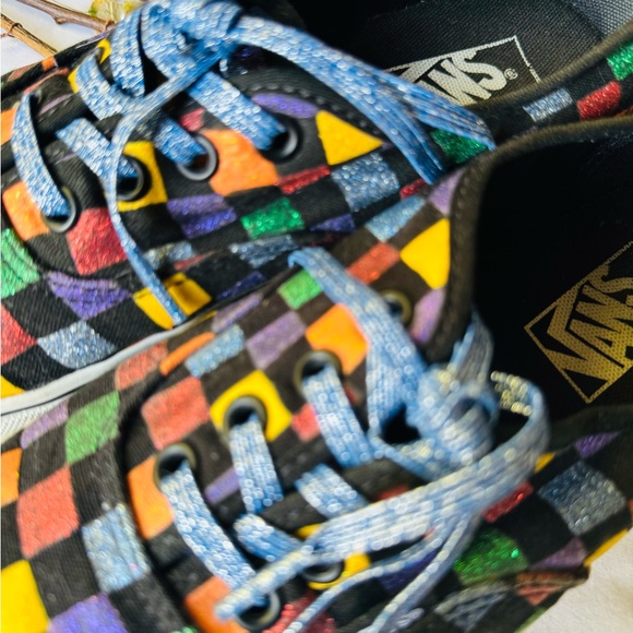 Metallic Checkered Multicolored Vans, women’s size 7.5, with Blue Sparkled Laces - Picture 4 of 13